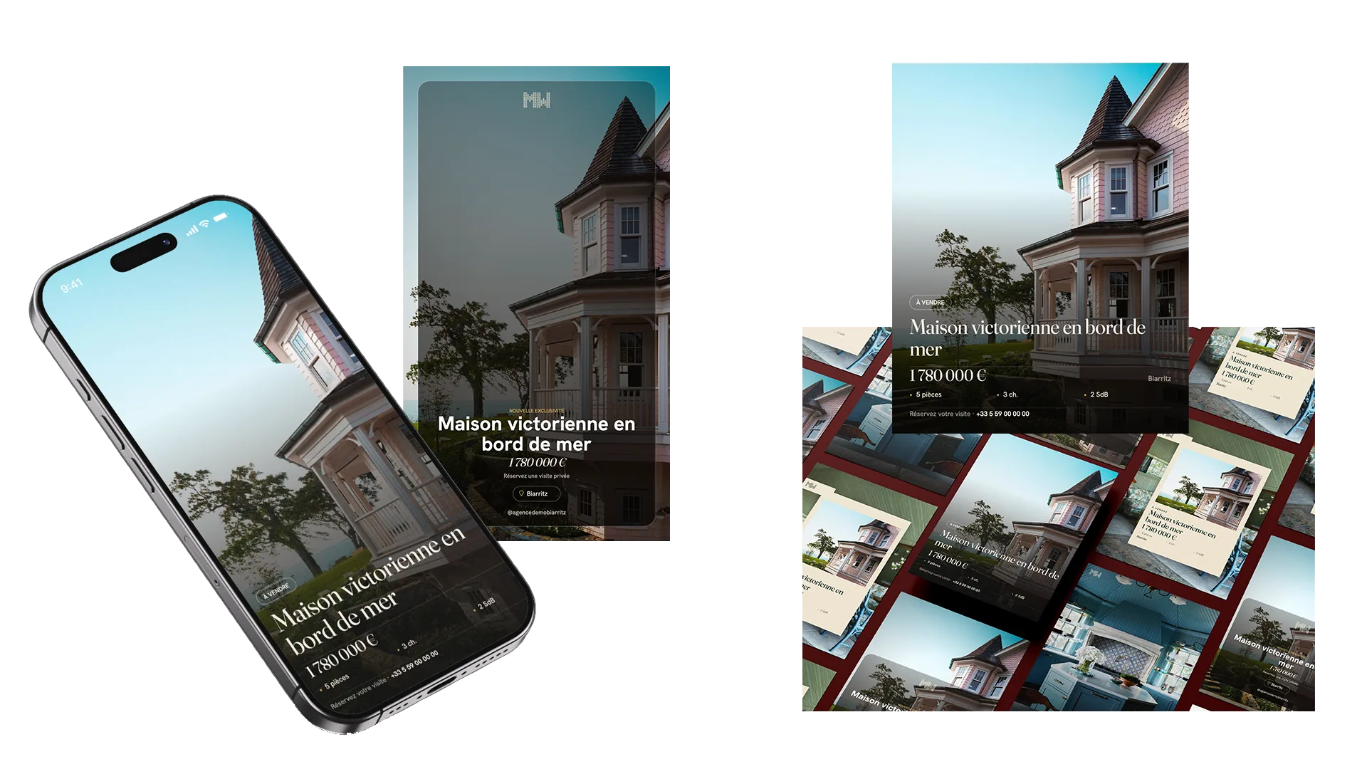 Le pack réseaux sociaux d'un bien : story de verre sur le mobile et carrousel complet